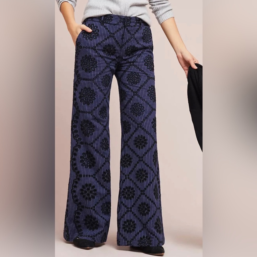 Anthropologie ETT TWA Embroidered Eyelet Wide Leg Pant Cotton Blue Black Size 2P